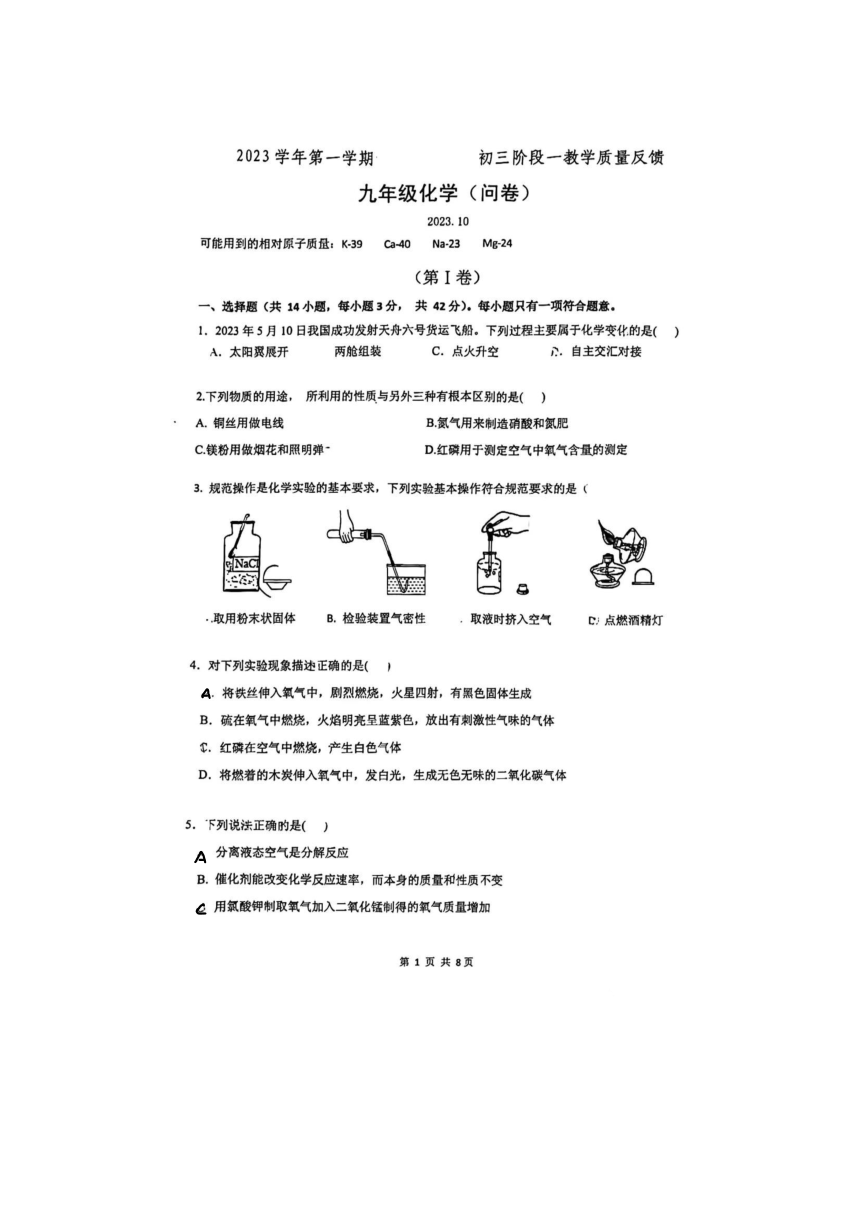 广东省广州市越秀区某中学2023-2024学年九年级上学期10月月考化学试卷（PDF无答案）