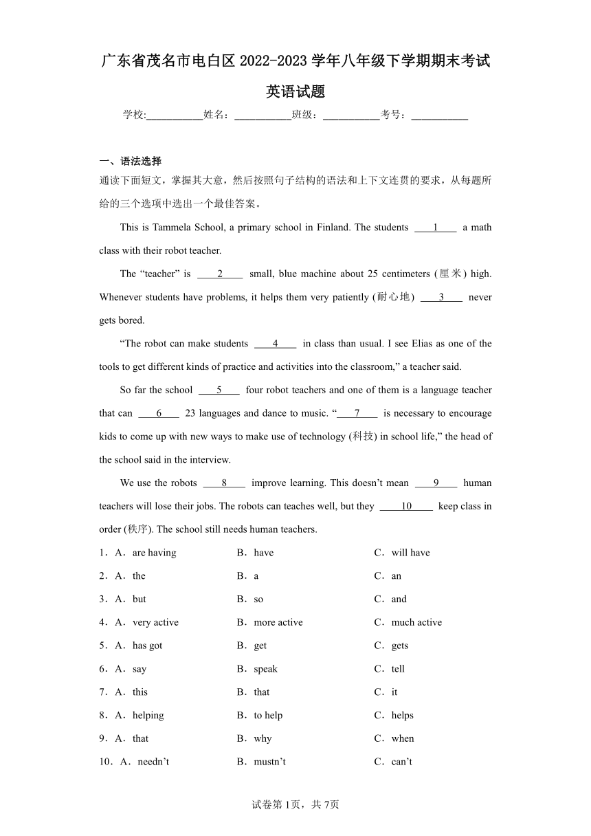 广东省茂名市电白区2022-2023学年八年级下学期期末考试英语试题（含解析）