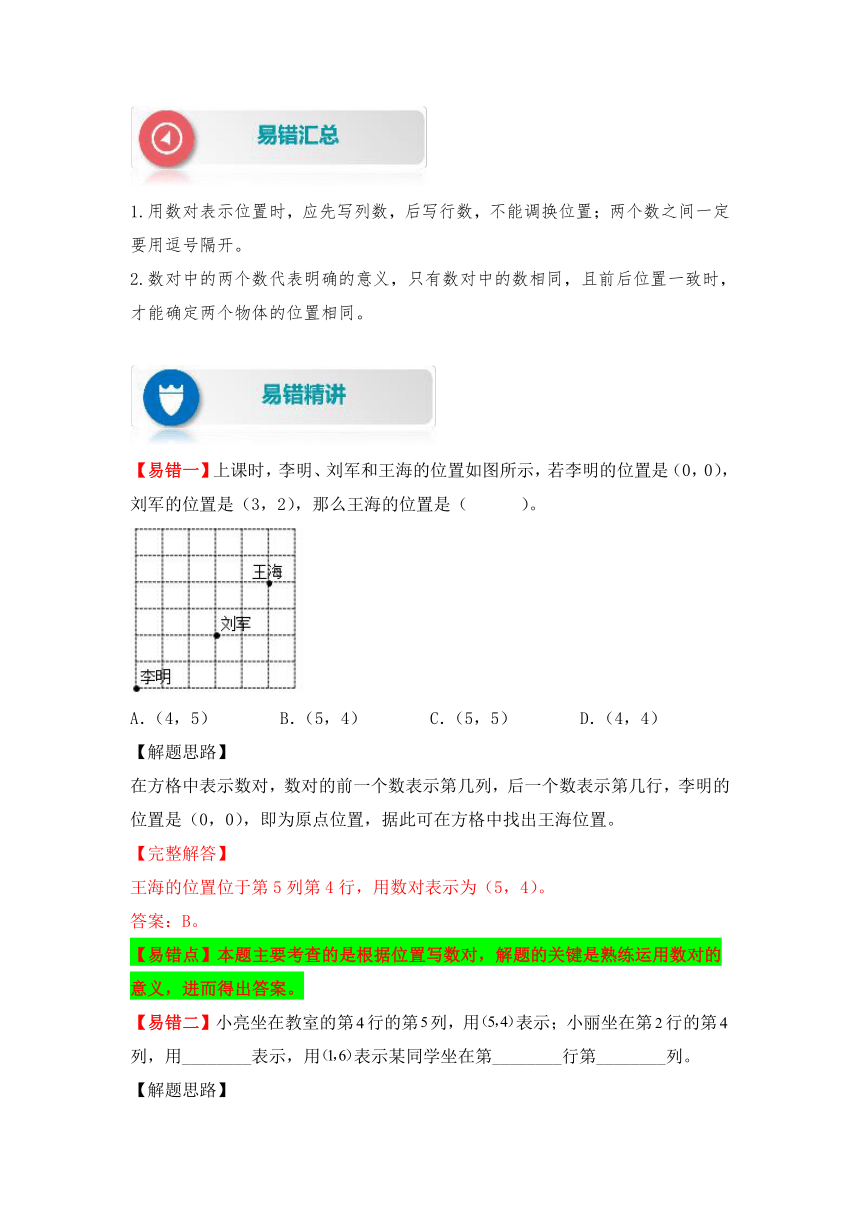 人教版数学五年级上册易错专项练（知识梳理+易错汇总+易错精讲+易错专练）【易错题精析】第4讲 位置（讲义） （含答案）