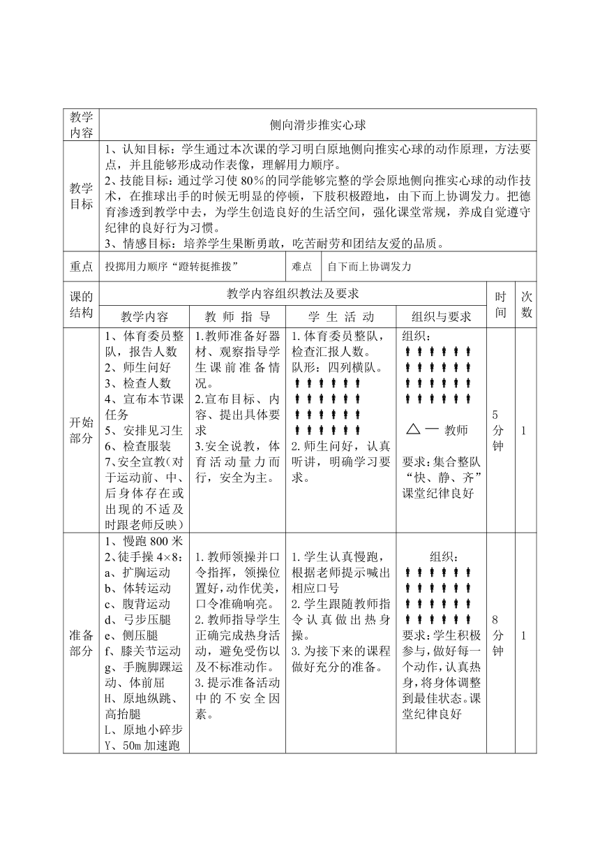 第二章田径-侧向滑步推实心球- 教案（表格式） 人教版初中体育与健康八年级全一册