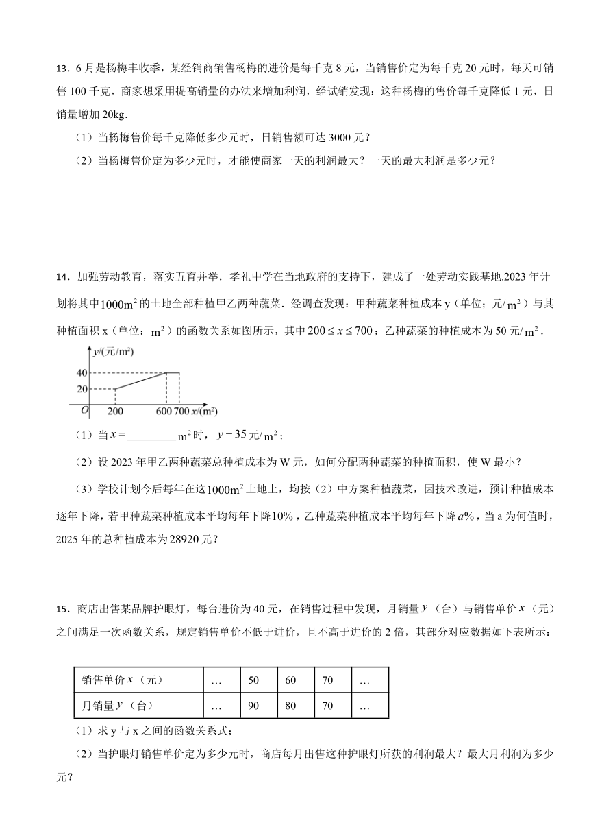 2024年中考数学高频考点专题复习——二次函数的实际应用（含答案）