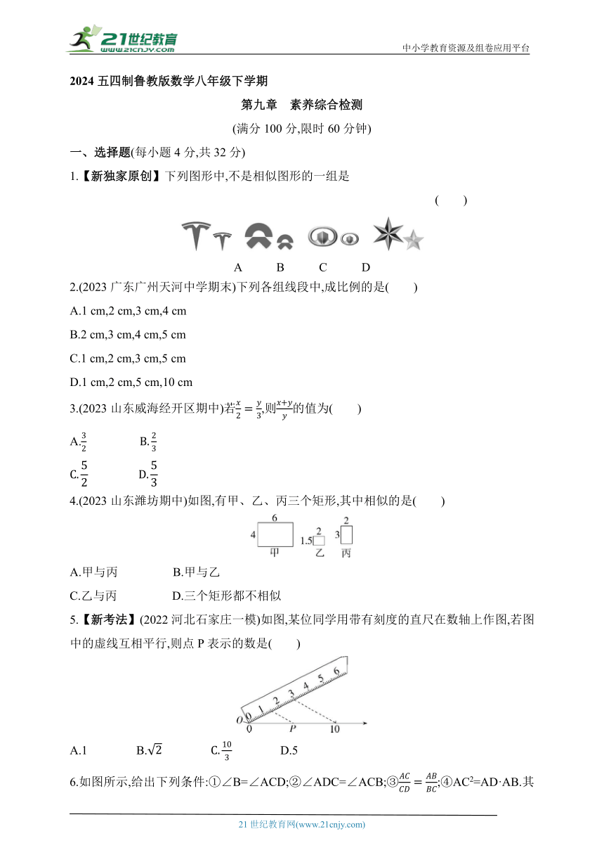 2024五四制鲁教版数学八年级下学期--第九章《图形的相似》素养综合检测（含解析）