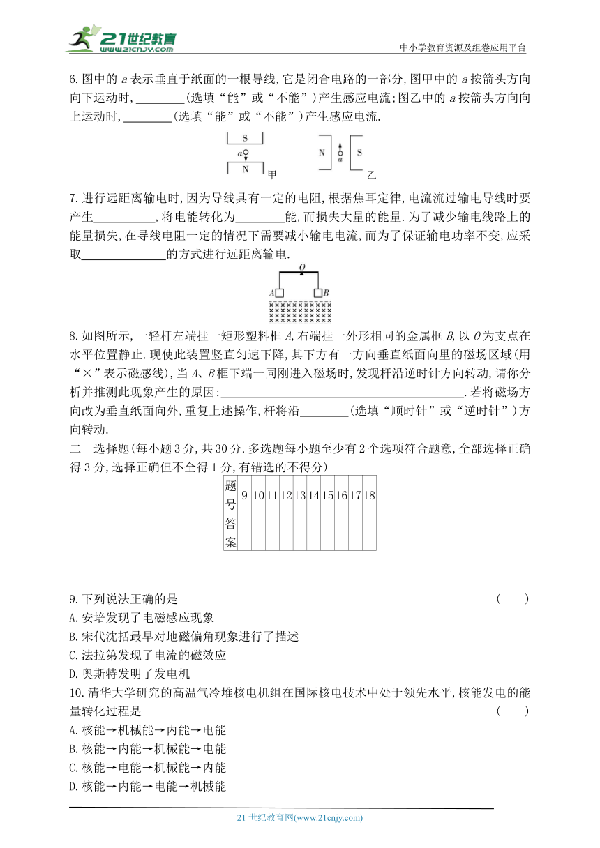 2024沪科版九年级物理全一册单元测试卷--第十八章　电能从哪里来(含解析)