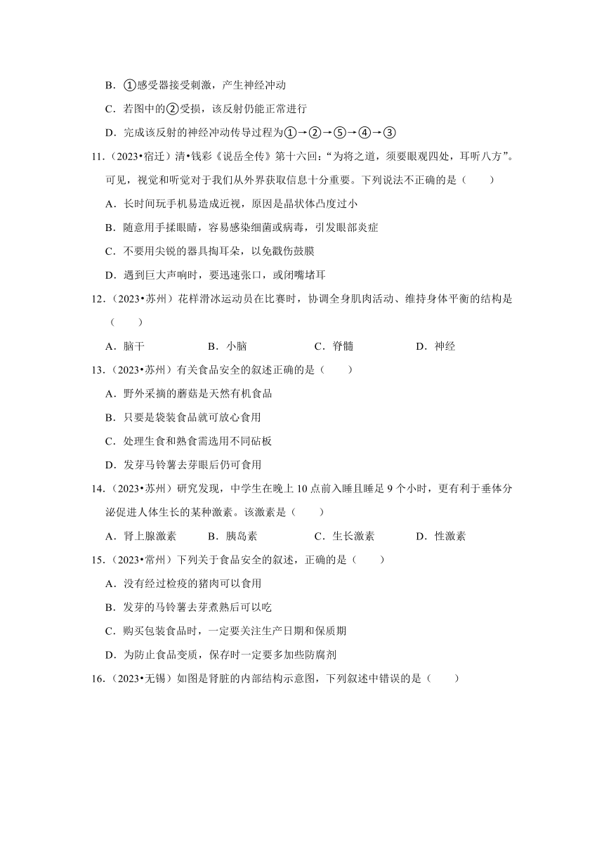 专题4人体的系统——2022-2023年江苏省中考生物试题分类（含解析）