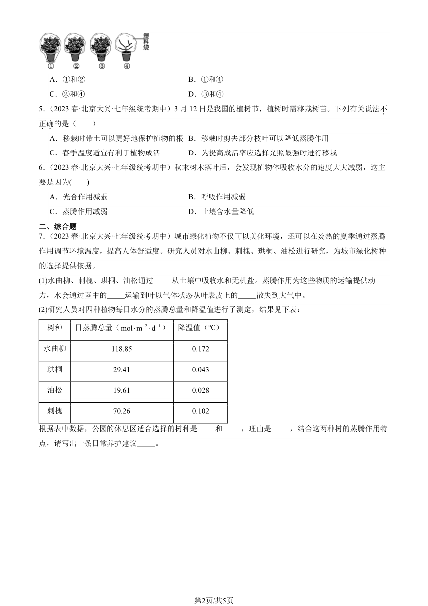 2023北京初一（下）期中生物汇编：绿色植物与生物圈的水循环章节综合习题（PDF版含解析）