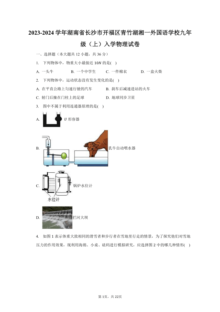 2023-2024学年湖南省长沙市开福区青竹湖湘一外国语学校九年级（上）入学物理试卷（含解析）