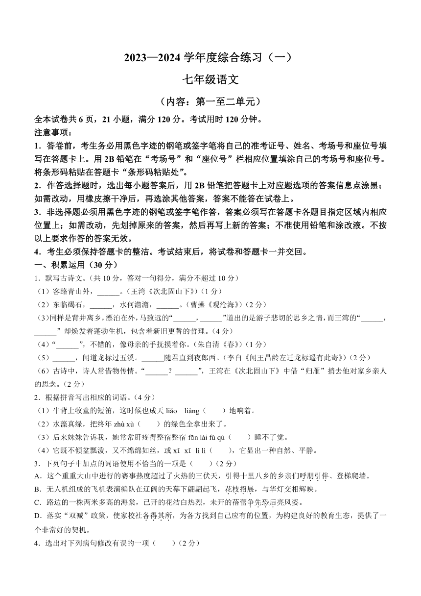 广东省茂名市信宜市2023-2024学年七年级上学期期中语文试题（含答案）