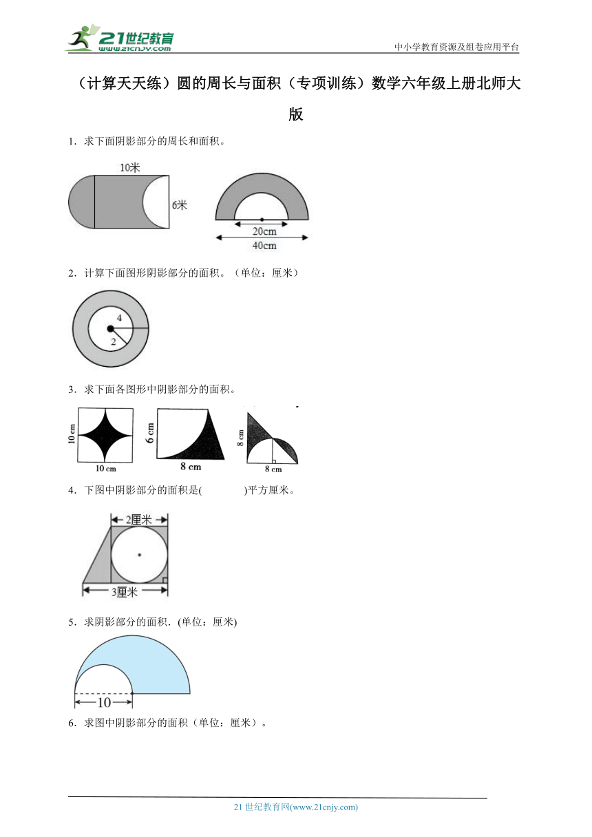 （计算天天练）圆的周长与面积（专项训练）数学六年级上册北师大版（含答案）