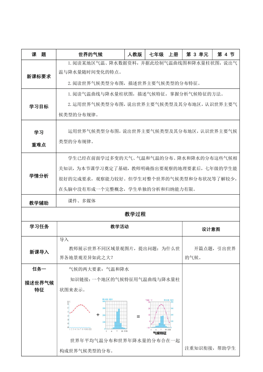 七年级地理上册 人教版 3.4.1世界的气候  教学设计 （表格式）