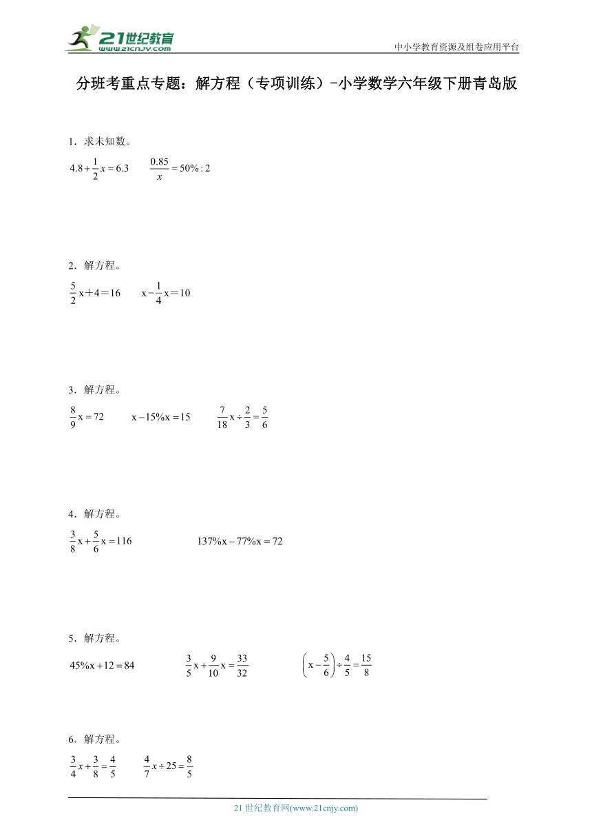 分班考重点专题：解方程（专项训练）-小学数学六年级下册青岛版（含答案）