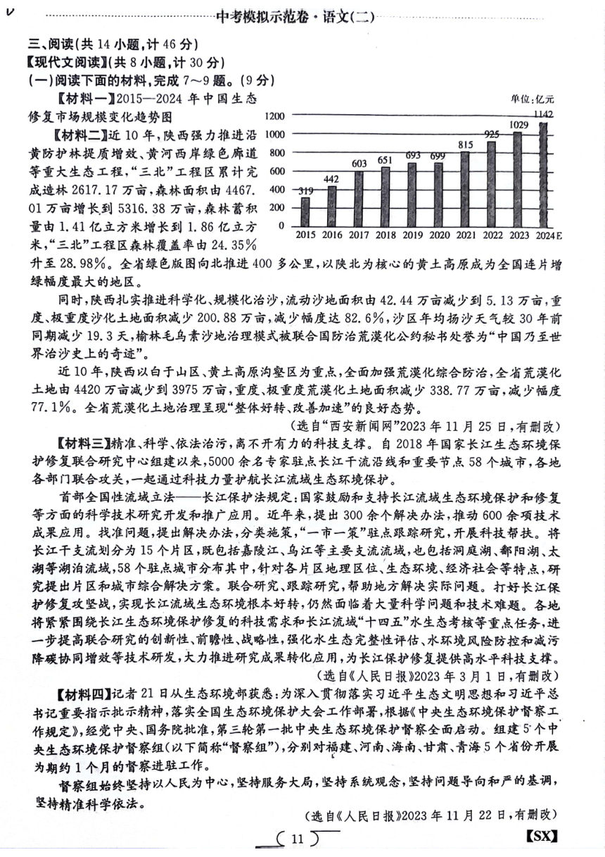 2024年陕西省榆林市子洲县周家硷中学中考二模语文试题（pdf版无答案）