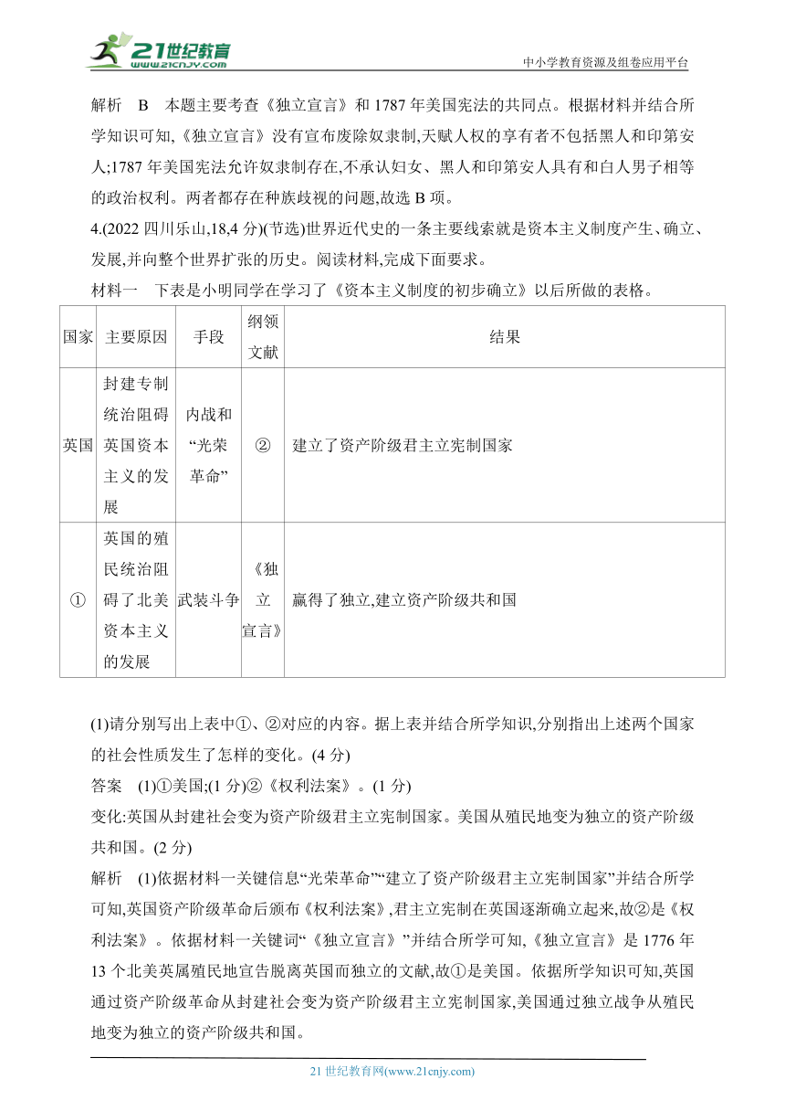 2024年中考历史专题练  第二十单元　资本主义制度的初步确立  试卷（含答案解）