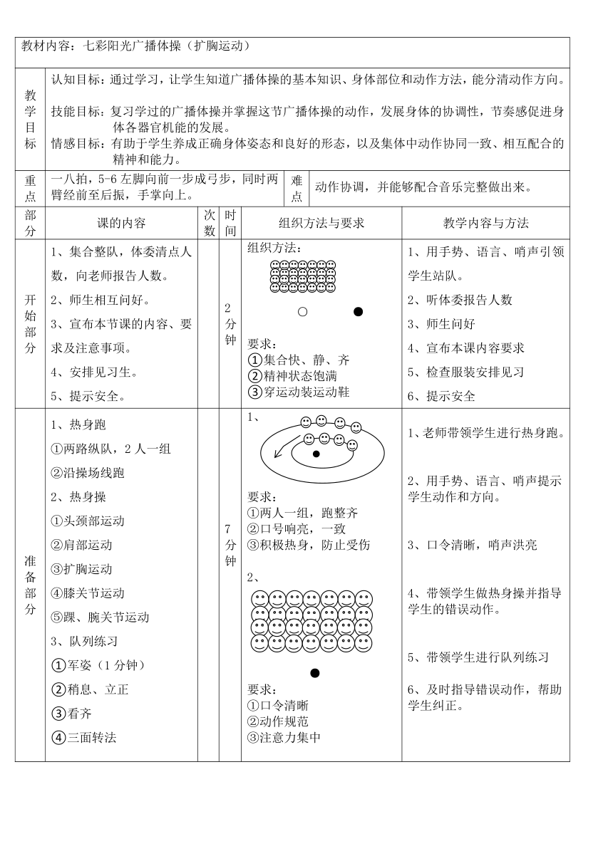 人教版体育一年级上册 七彩阳光广播体操（扩胸运动）（教案）（表格式）