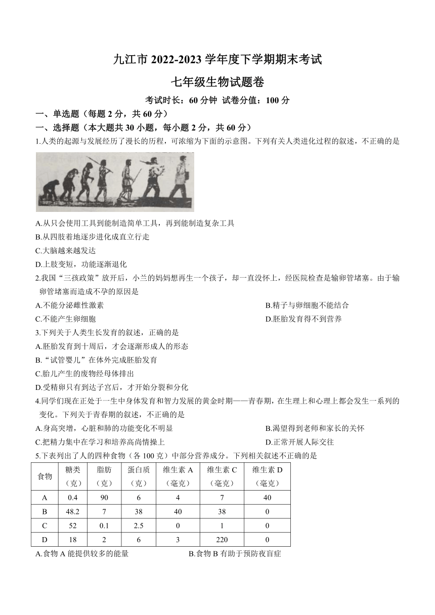 江西省九江市2022-2023学年七年级下学期期末生物试题（含答案）