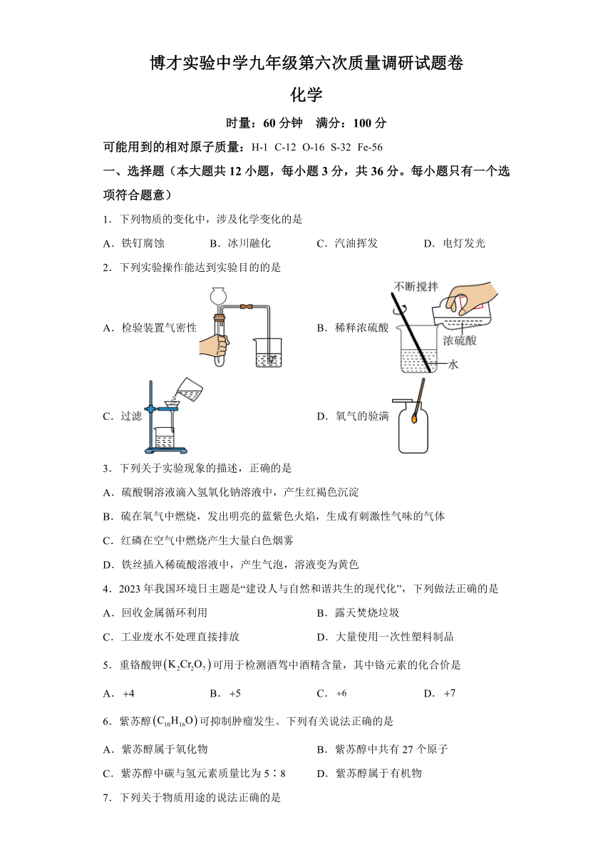 湖南省长沙市师大附中博才实验中学2023-2024学年九年级第六次质量调研化学试题（含解析）