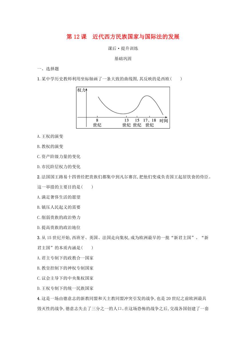 部编版选择性必修1浙江专版2023-2024学年新教材高中历史第4单元民族关系与国家关系第12课近代西方民族国家与国际法的发展课后提升训练（含解析）