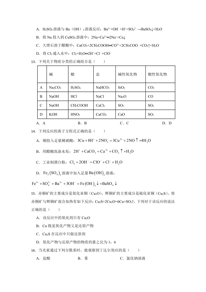 第二章 元素与物质世界 章节练习  （含解析）2023-2024学年高一上学期化学鲁科版（2019）必修第一册