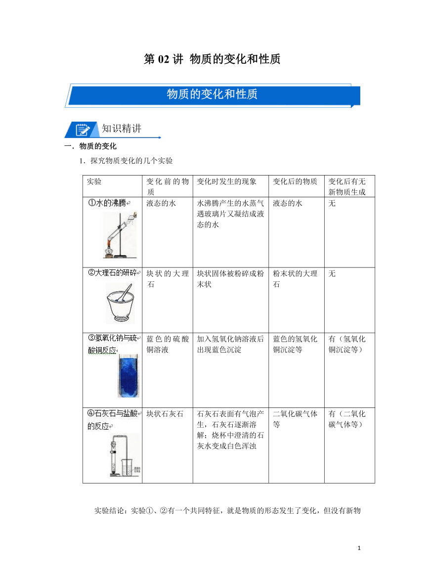 化学人教版九上同步讲义：第02讲 物质的变化和性质(含解析）