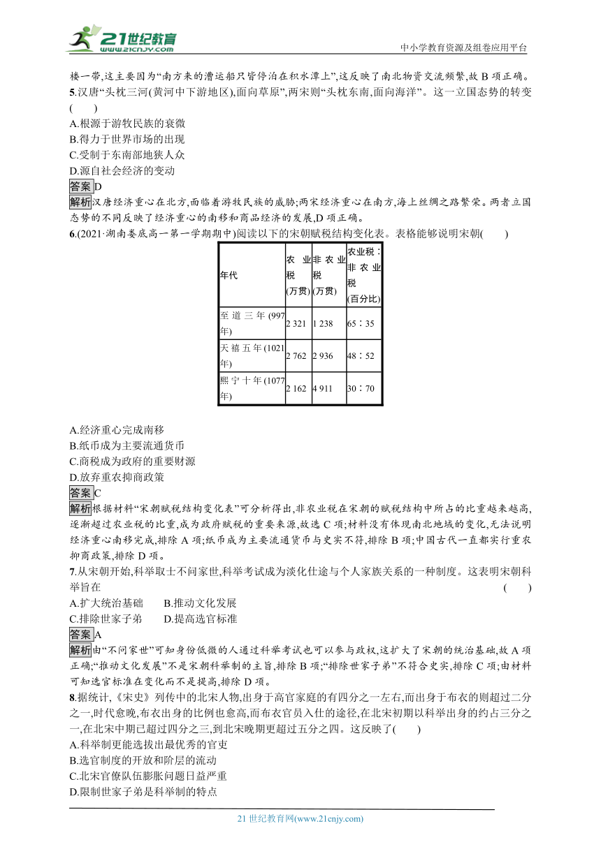 第11课　辽宋夏金元的经济与社会 同步练习（解析版）