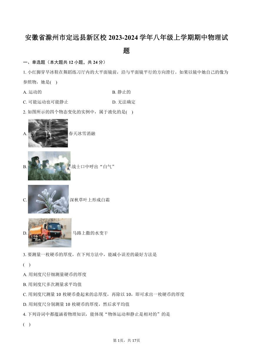 安徽省滁州市定远县新区校2023-2024学年八年级上学期期中物理试题（含解析）