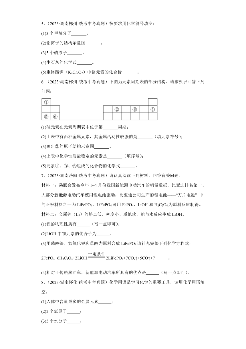 湖南省各市2023年中考化学真题分类分层汇编-05物质的构成（填空题）(含解析)