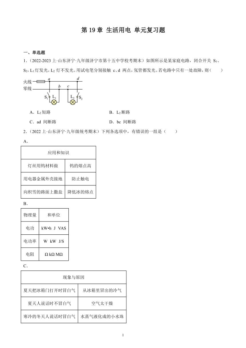 第19章 生活用电 单元复习题（含解析） 2023-2024学年人教版物理九年级全一册（山东地区适用）