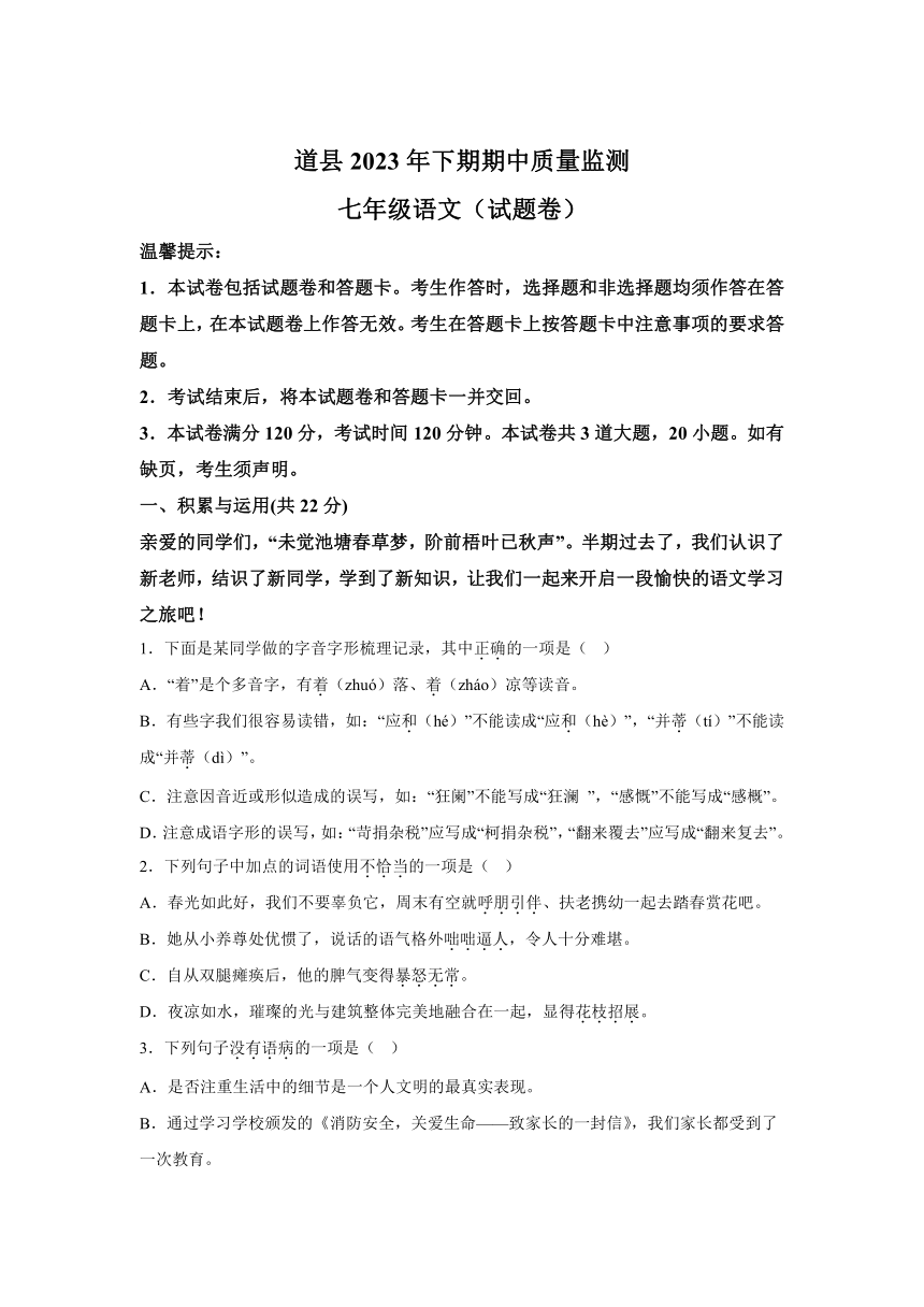湖南省永州市道县2023-2024学年七年级下学期期中语文试题（含解析）