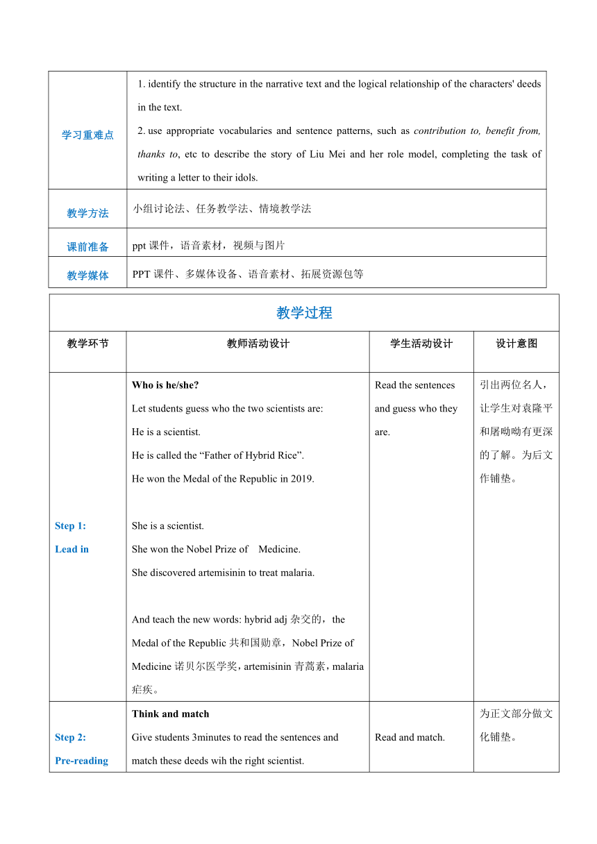 高教版（2021）基础模块3 Unit 8 Role Models of the Times Reading and Writing 教学设计（表格版）