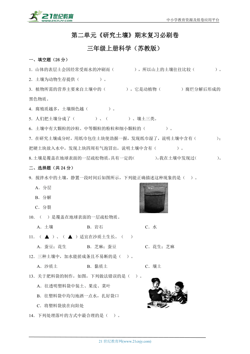 三年级上册科学（苏教版）第二单元《研究土壤》期末复习必刷卷（含答案）