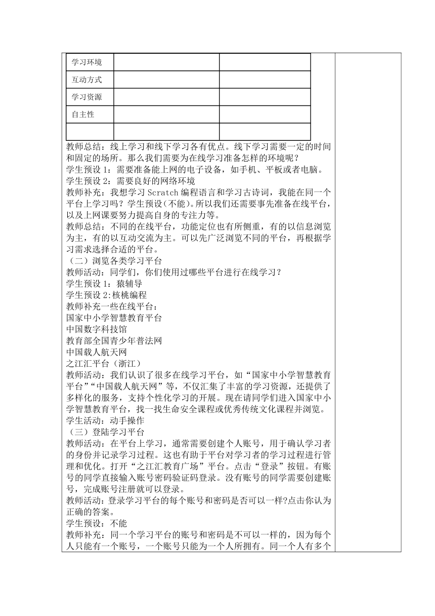 三年级上册信息技术浙教版第4课进入在线平台（教案）（表格式）