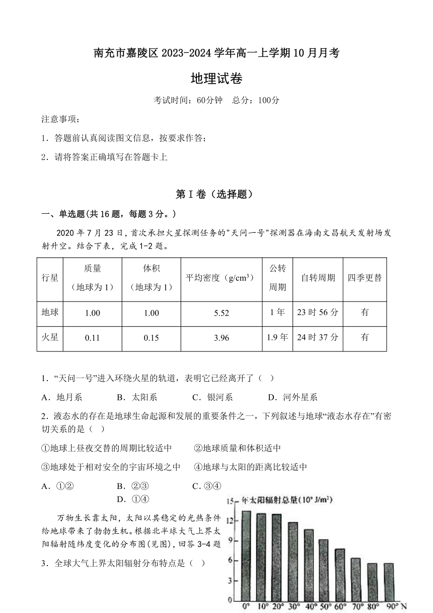 四川省南充市嘉陵区2023-2024学年高一上学期10月月考地理试题（含答案）