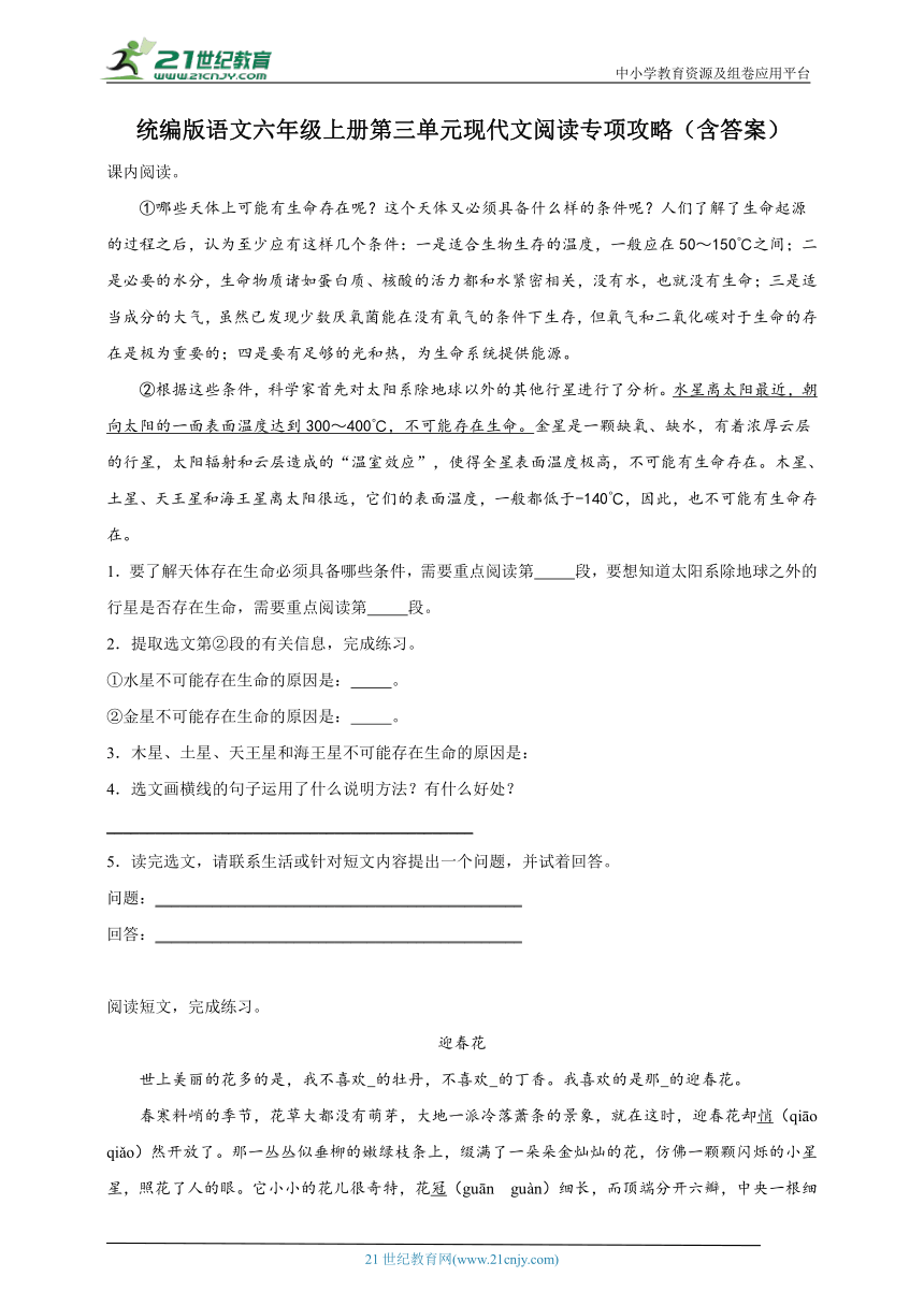 统编版语文六年级上册第三单元现代文阅读专项攻略（含答案）