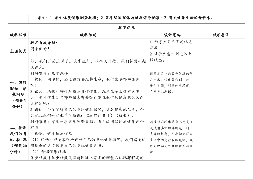 教科版五年级科学上册 4-1《我们的身体》（表格式教案）