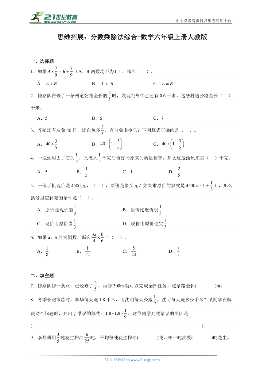 思维拓展：分数乘除法综合-数学六年级上册人教版（含解析）