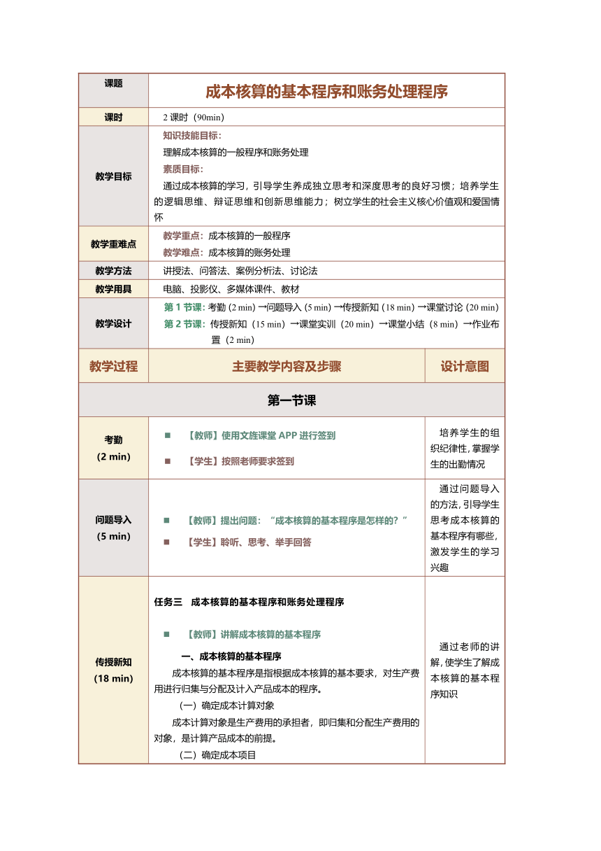 3.1成本核算的基本程序和账务处理程序 教案（表格式）《成本会计实务》（江苏大学出版社）