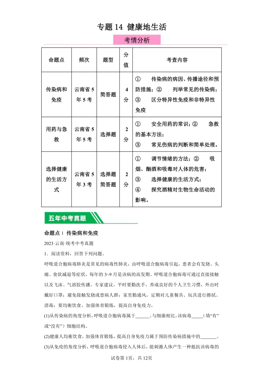 专题14健康地生活 5年（2019-2023）中考1年模拟生物真题分类汇编（云南专用）（含解析）