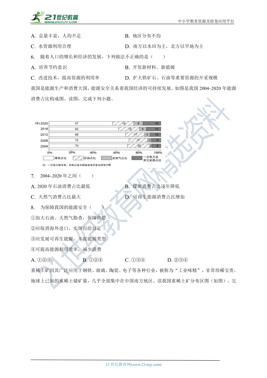 第三章第一节自然资源概况同步练习（含答案）