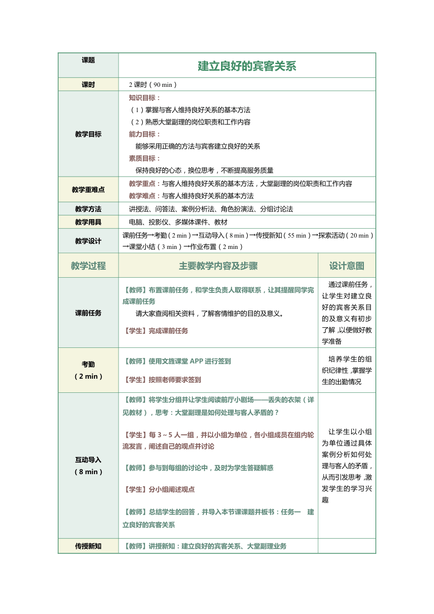 1.22建立良好的宾客关系 教案（表格式）《前厅客房服务与管理》（江苏大学出版社）