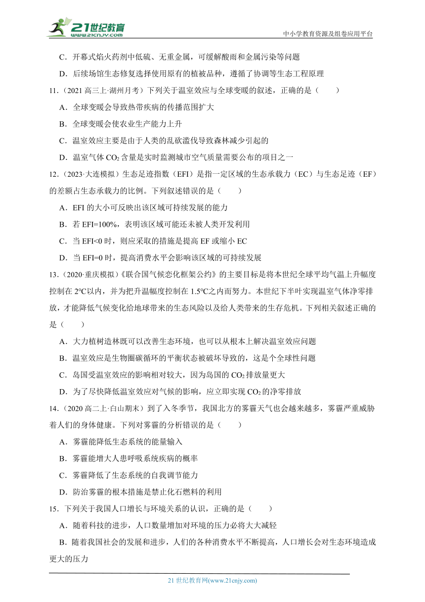 人教版（2019）高中生物选修2生物与环境4.1人类活动对生态环境的影响章节综合必刷题（含解析）