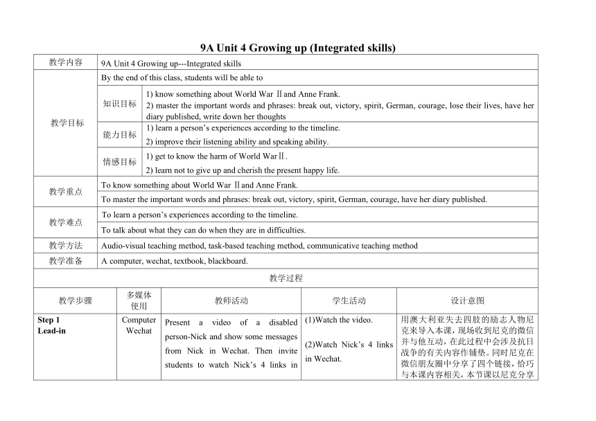 译林牛津版9A Unit 4 Growing up (Integrated skills)教学设计（表格式）