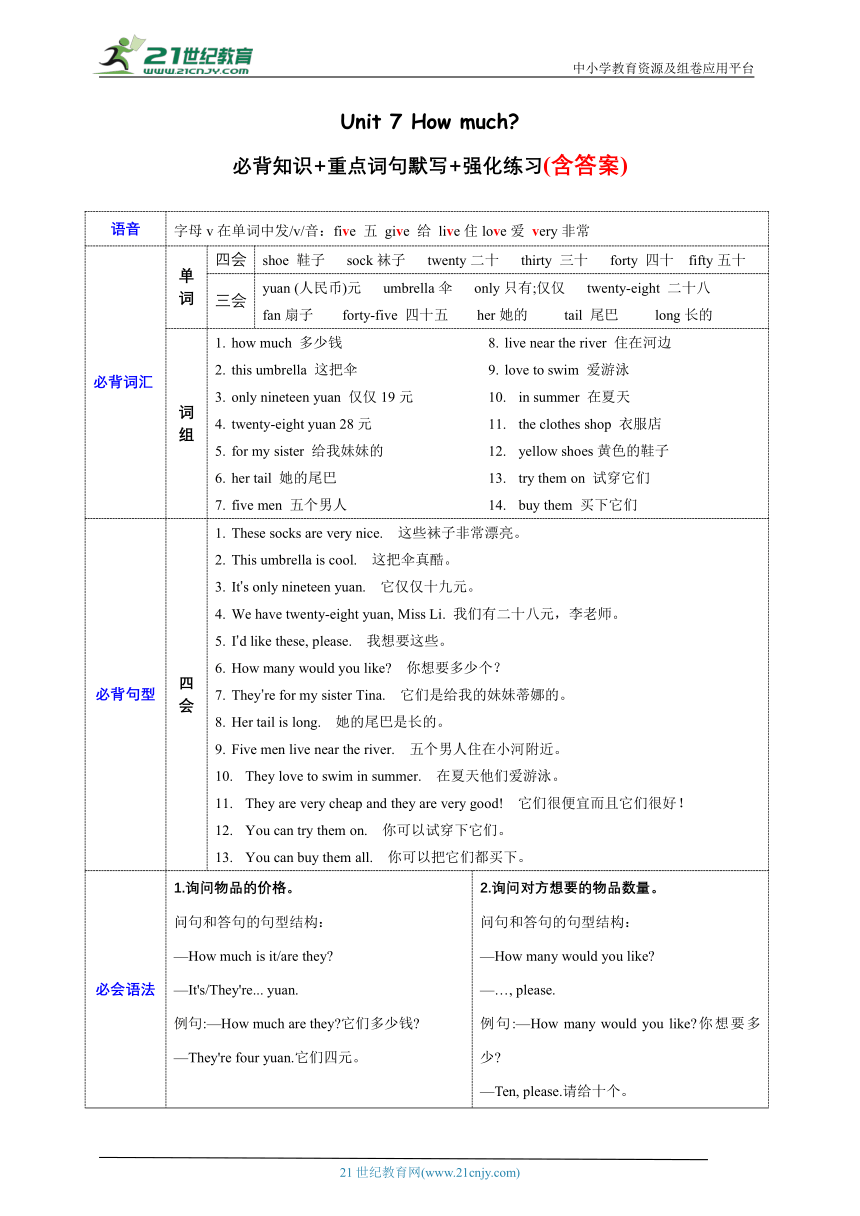 Unit 7 How much重点词句默写+必背知识（含答案）