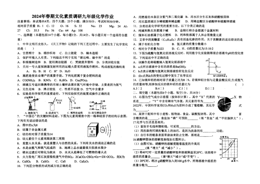 河南省南阳市宛城区第十九中学2023--2024学年九年级下学期第一次月考化学试卷（图片版无答案）