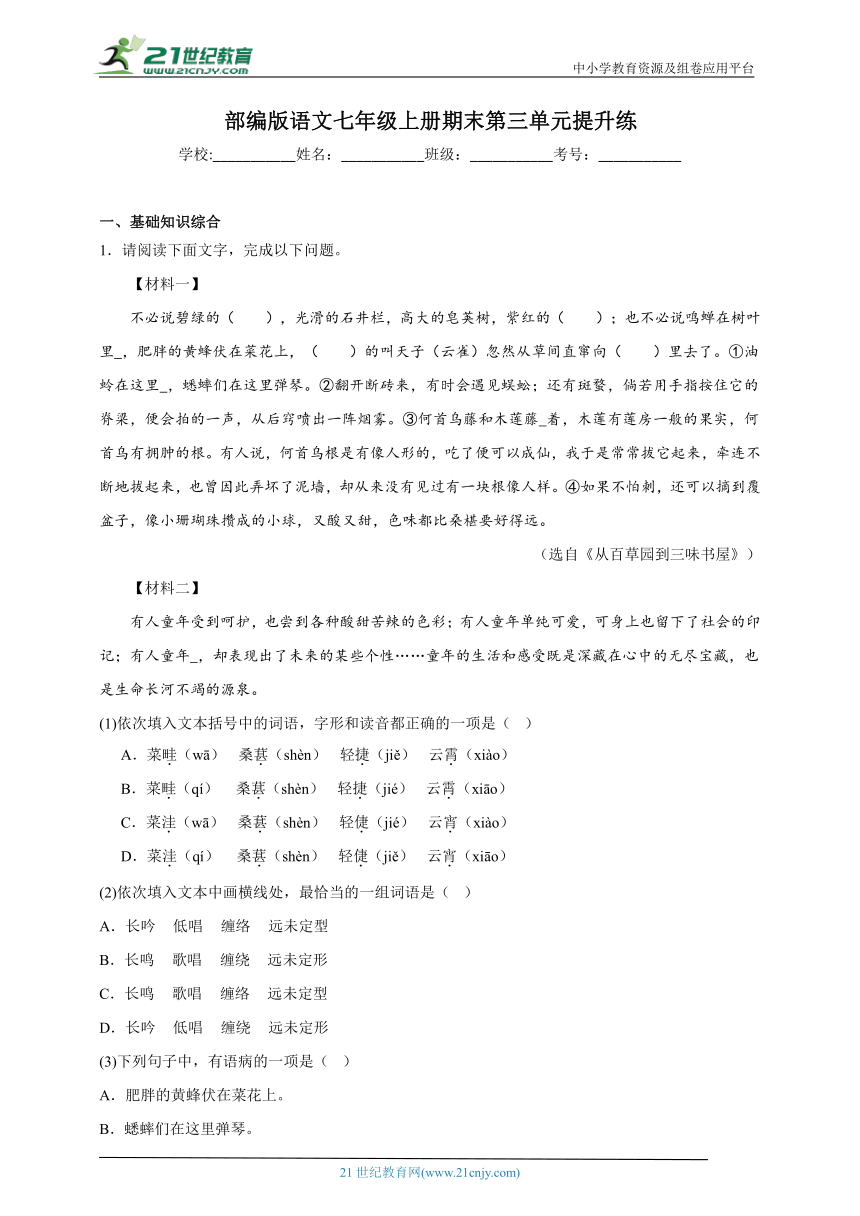 部编版语文七年级上册期末第三单元提升练（含答案）