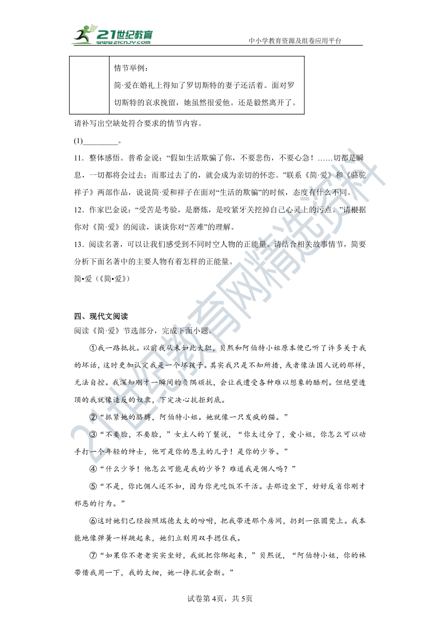 九年级下册第六单元 名著导读《简爱》：外国小说的阅读 同步精选卷（含答案解析）