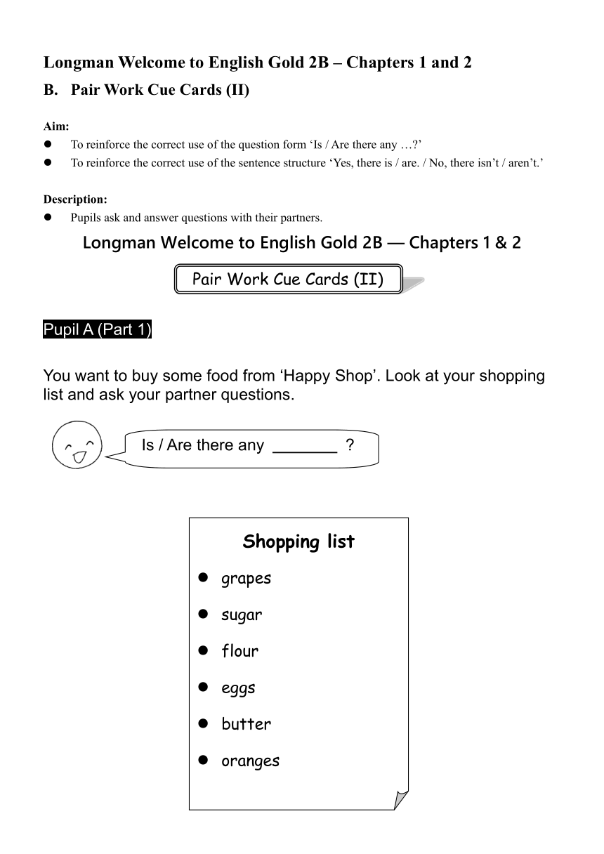 新思维小学英语2B Chapter 1 -2课堂活动任务单（无答案）