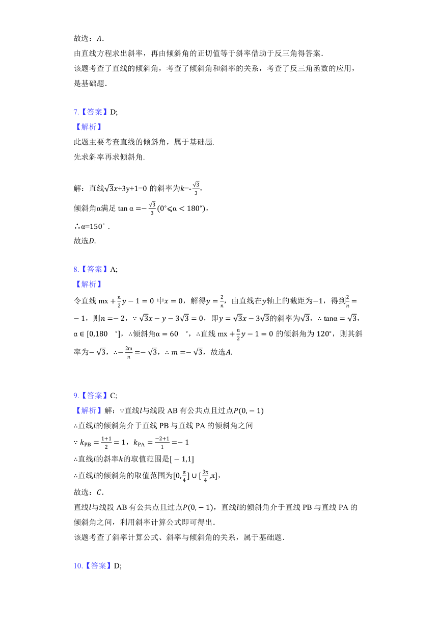 人教B版（2019）选择性必修第一册《2.2.1 直线的倾斜角及斜率》同步练习（含解析）