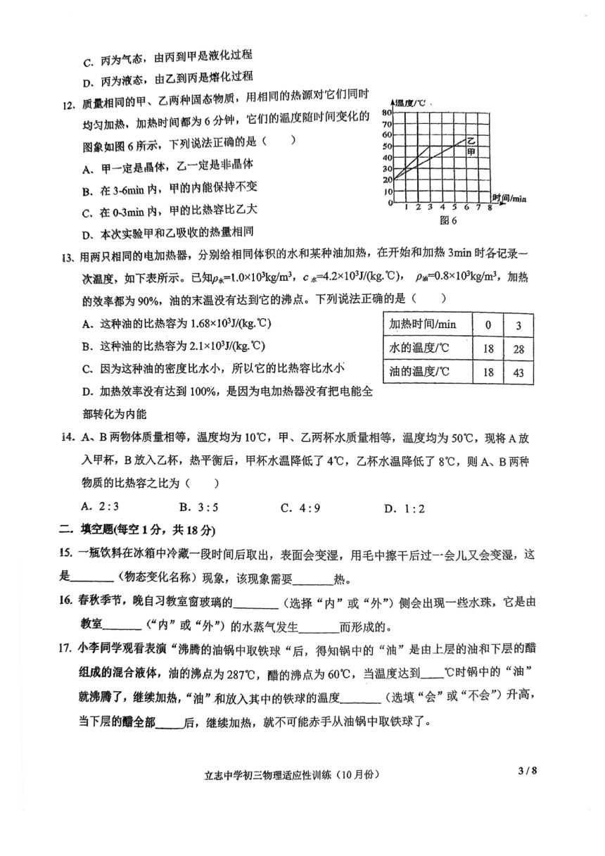 2023-2024学年福建省福州市立志中学九年级（上）适应性训练物理试卷（10月份）（pdf版 无答案）