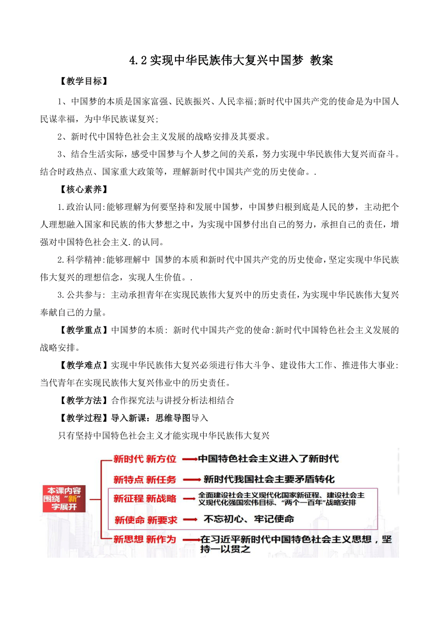 4.2实现中华民族伟大复兴的中国梦 教案2023-2024学年高中思想政治统编版必修1