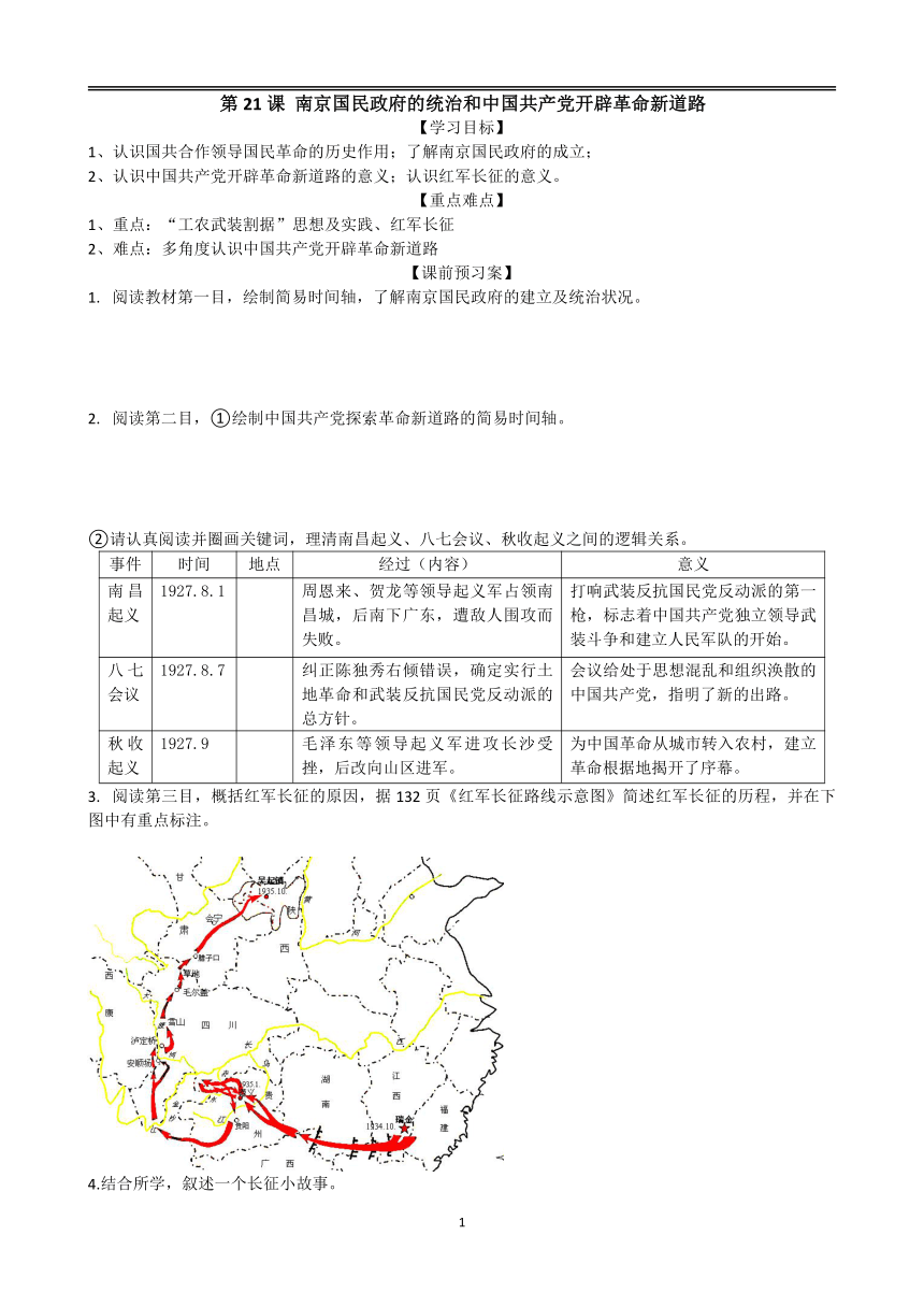 第21课 南京国民政府的统治和中国共产党开辟革命新道路 导学案（ 无答案）