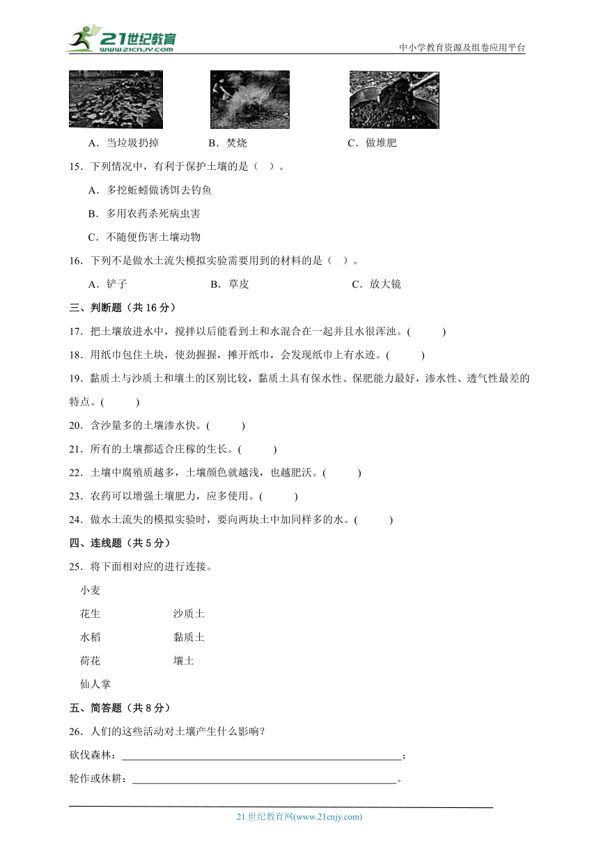 三年级上册科学（苏教版）第二单元《研究土壤》期末复习必刷卷（含答案）